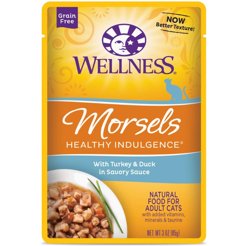 Photo 1 of Wellness Healthy Indulgence Morsels Grain-Free Wet Cat Food, Made with Natural Ingredients and Quality Proteins, Complete and Balanced Meal, 3 oz Pouches (Turkey & Duck in Savory Sauce, 24 Pack) -- EXP JUL 1 2024
