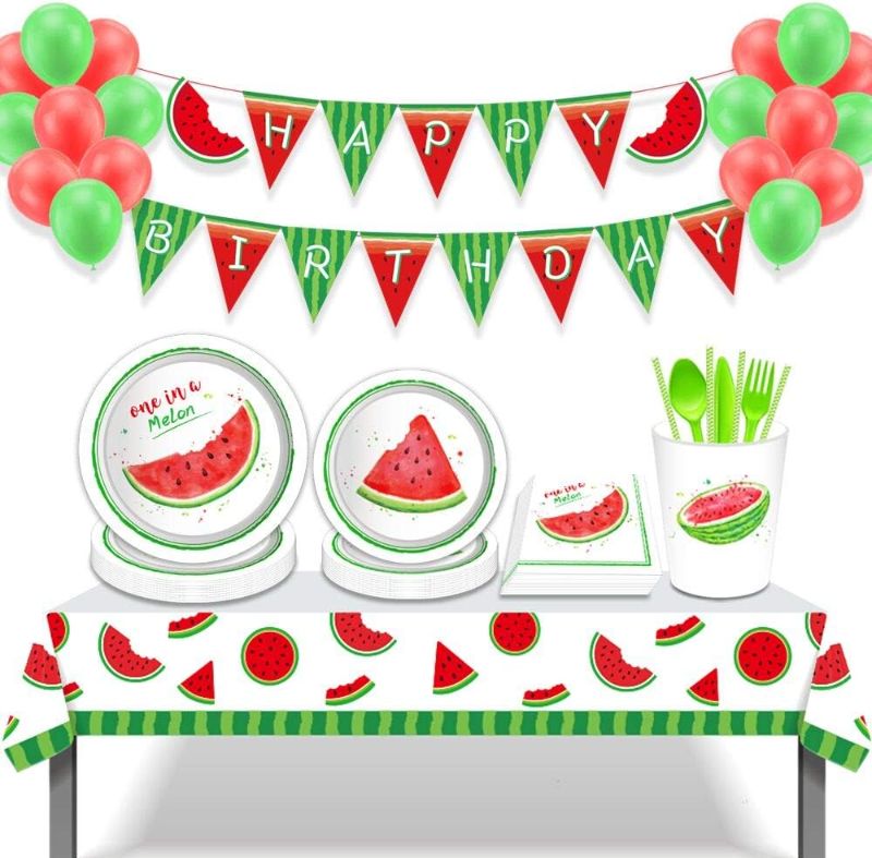 Photo 1 of Watermelon Party Supplies,One In A Melon Decorations Include Disposable Dinner Plates,Banners,Swirls,Tablecloths,Dessert Plates,Cups,Knives And Forks,Balloons,Straws(257 Pieces)
