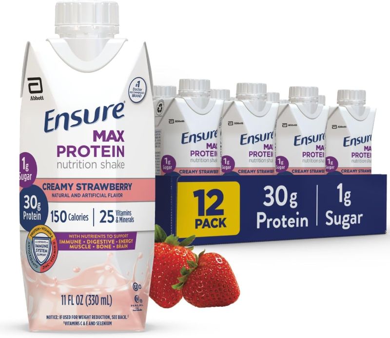 Photo 1 of Ensure Max Protein Nutrition Shake with 30g of Protein, 1g of Sugar, High Protein Shake, Creamy Strawberry, 11 fl oz, (Pack of 12) -- EXP JUNE 1 2024
