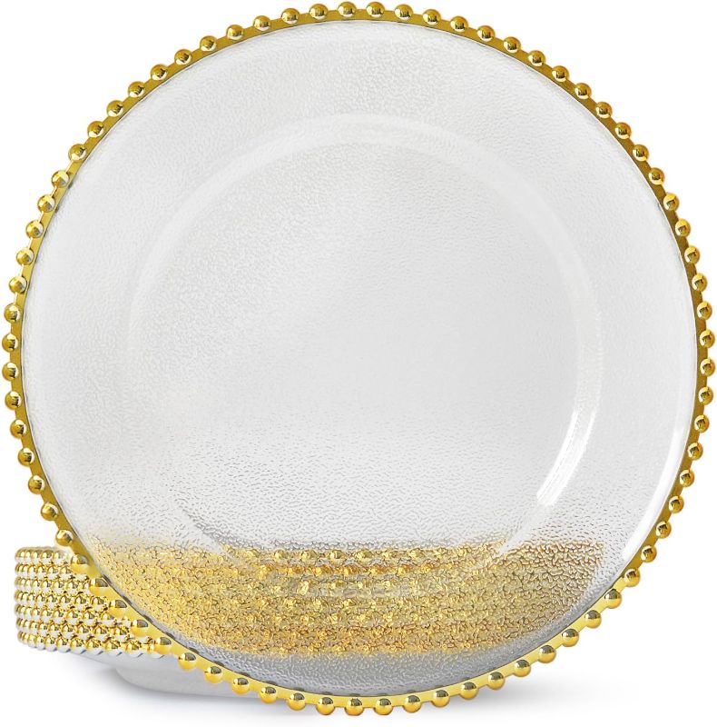Photo 1 of 13inch Gold Bead Clear Acrylic Plastics Back texture Charger Plate, Set of 8, Charger Plates for Dinner,Wedding,Party,Event Decoration. (Acrylic Gold Beaded Clear Charger Plates)

