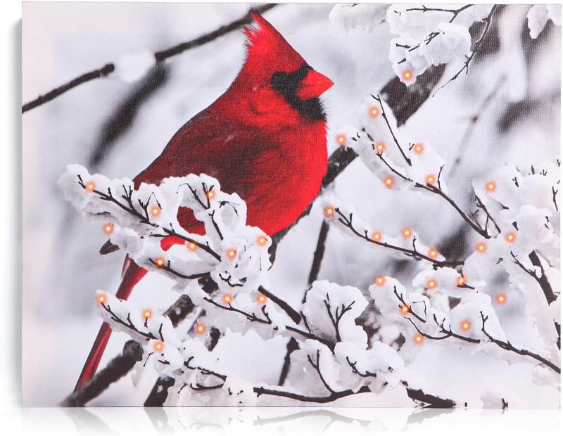 Photo 1 of NIKKY HOME 16" x 12" LED Lighted Canvas Wall Art Prints Light Up Cardinal Standing on the Branch Picture Winter Scene Artwork for Holiday Decor
