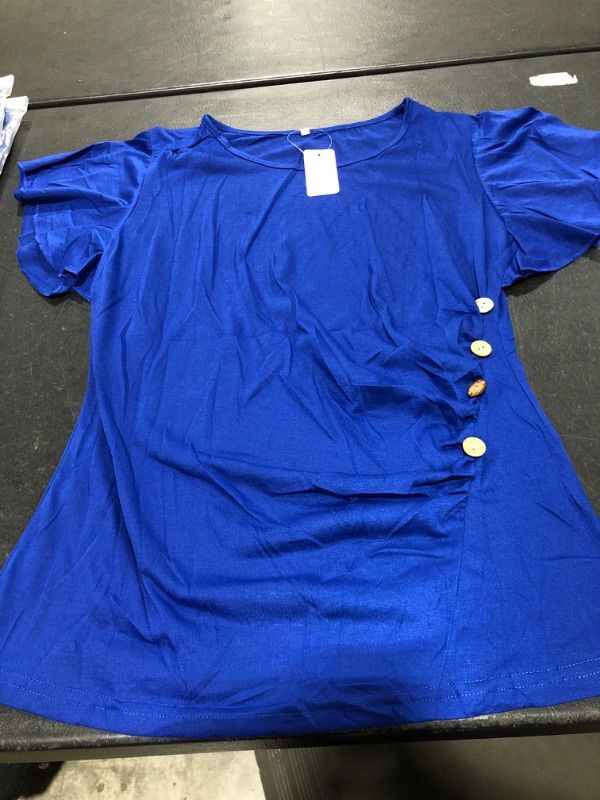 Photo 1 of WOMENS BLUE BLOUSE WIHT SIDE BUTTON FLOWY LOOSE FIT SHORT SLEEVE LARGE