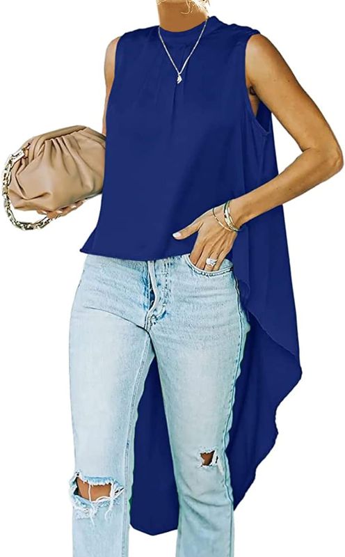 Photo 1 of MIRACMODA Woman Mock Neck High Low Sleeveless Tunic Top Asymmetrical Irregular Hem Pleated Blouse T-Shirt XL