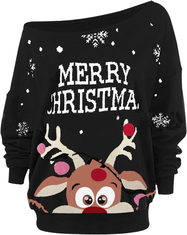 Photo 1 of ALLTB Christmas Deer Shirt Women Off Shoulder Long Sleeve Tops Pullover Cute Letter Snowflake Graphic Sweatshirt SIZE LARGE