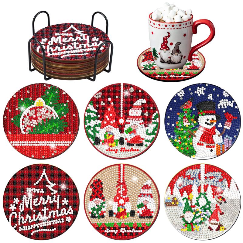 Photo 1 of Finphoon Christmas Diamond Coasters, 6 Pcs Santa Claus Diamond Art Coasters Kits with Holder, DIY Diamond Kits for Christmas Decorations Gifts