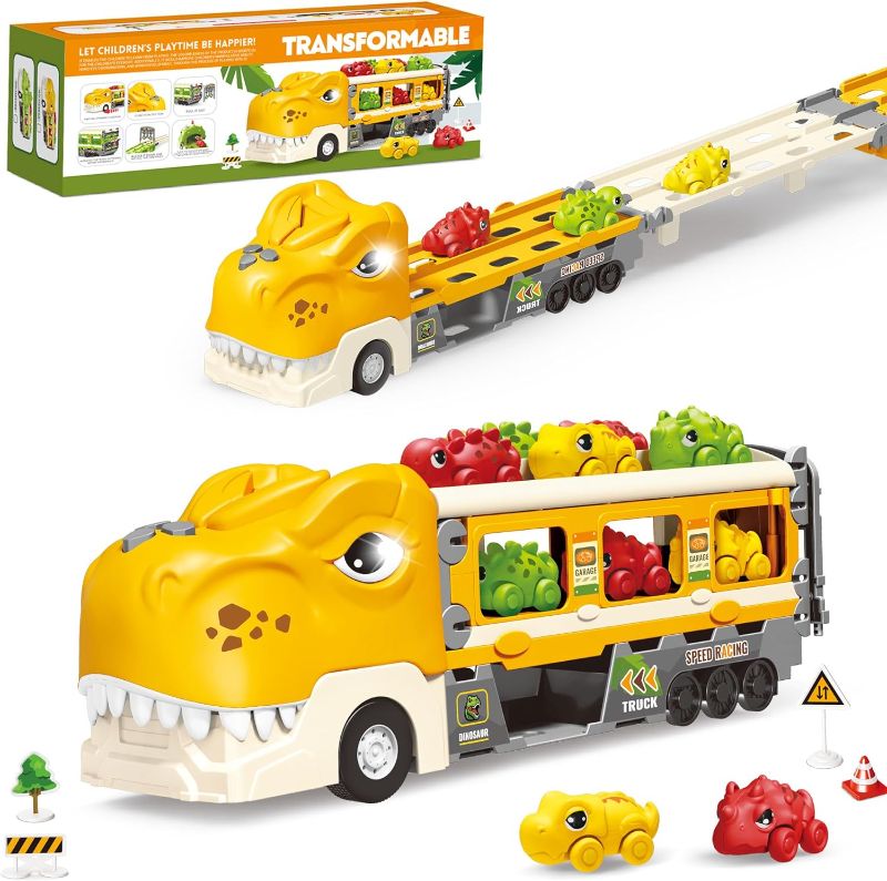 Photo 1 of Dwi Dowellin Dinosaur Truck Toys for Kids 3-5 Years,with 6 Dinosaur Car Vehicles,1 Toy Tyrannosaurus Dinosaur Transport Carrier Truck,Race Track Playset with Lights Sounds,Kids Gifts