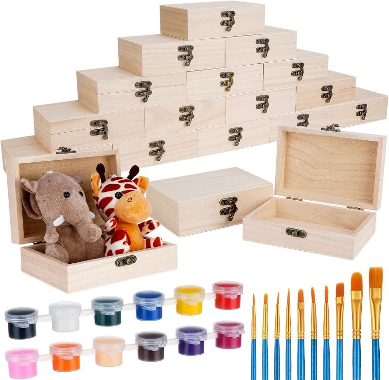 Photo 1 of Yeaqee 38 Pcs 6 x 4 x 2 Inches Unfinished Wooden Boxes Blue Paint Brushes Set 12 Colors Paint Set for Crafts DIY Kids Adults Home Classroom Parties 