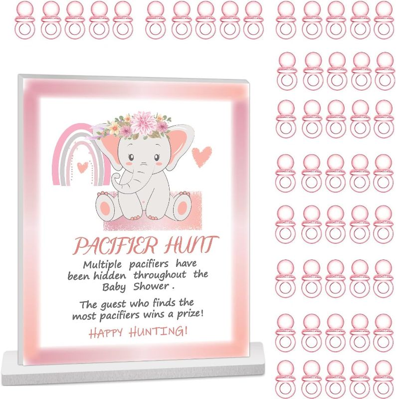 Photo 1 of 51 Pcs Baby Shower Games Include Baby Pacifier Hunt Foam Board Sign and 50 Acrylic Baby Pacifiers Mini Plastic Pacifiers, Pink Boho Elephant Theme - Fun, Unique and Easy to Play Activity
