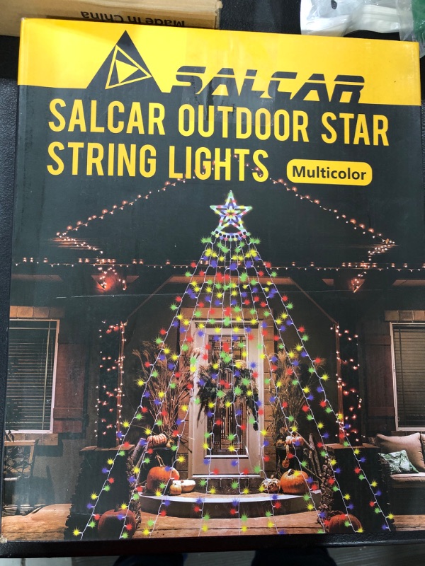 Photo 2 of SALCAR Outdoor Star Lights, 11.5ft x 9 Strands Waterfall Star Lights with 12in Topper Star, 350 LED 8 Modes Memory Function Christmas Lights for Indoor Outdoor Garden Yard Tree Decor