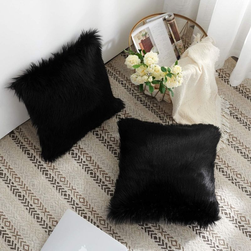 Photo 1 of Foindtower Pack of 2 Mongolian Plush Faux Fur Square Decorative Throw Pillow Cover Cushion Case New Luxury Series Merino Style for Livingroom Couch Sofa Nursery Bed Home Decor 18x18 Inch Black 