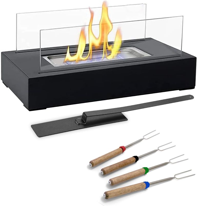 Photo 1 of Tabletop Fire Pit - Black Powder Coated Steel Base and Extinguisher - Tempered Glass Panels - Tabletop Fireplace - Stainless-Steel Burner with Ceramic Wool Wick - Indoor Tabletop Firepit