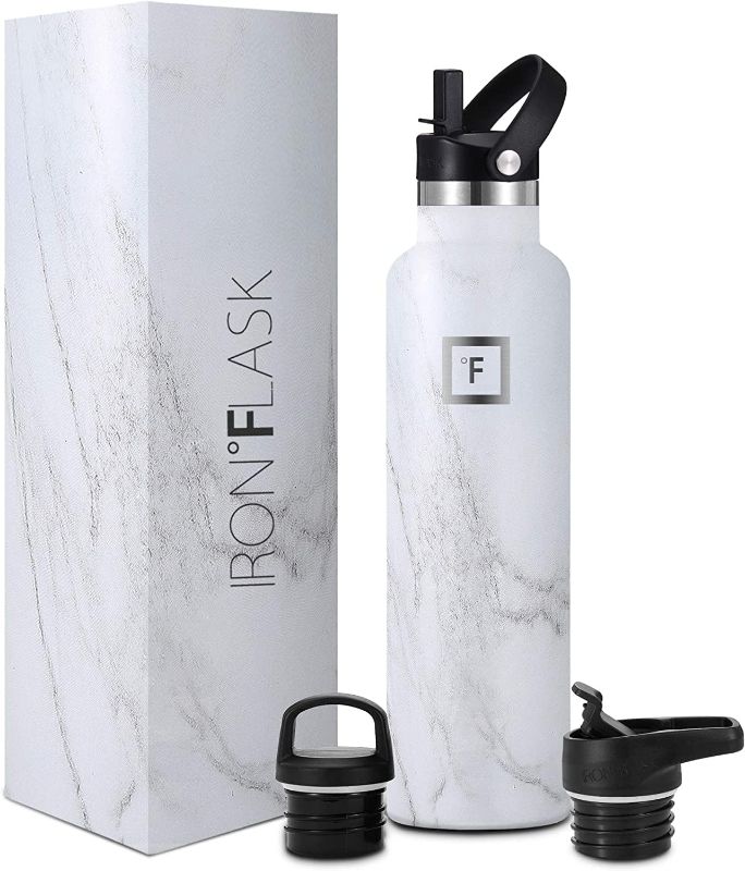 Photo 1 of IRON °FLASK Sports Water Bottle - 3 Lids (Narrow Spout Lid) Leak Proof Vacuum Insulated Stainless Steel - Hot & Cold Double Walled Insulated Thermos, Durable Metal Canteen - Carrara Marble, 24 Oz
