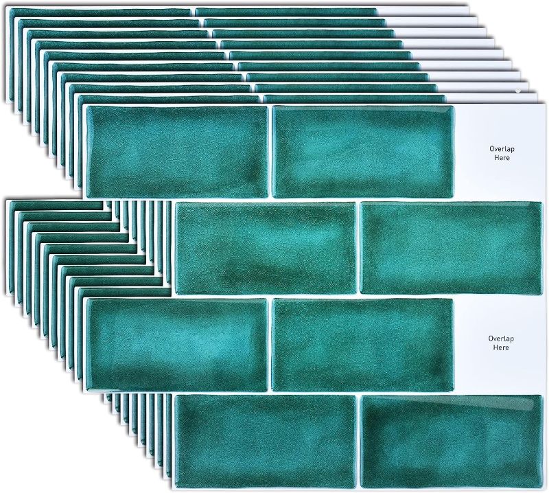 Photo 1 of 10-Sheet Peel and Stick Tiles Backsplash, 12"x12", 3D Subway Tiles, Self Adhesive Backsplash Stickers, 3D Wall Tiles for Kitchen, Bathroom, Fireplace, Bedroom, Green