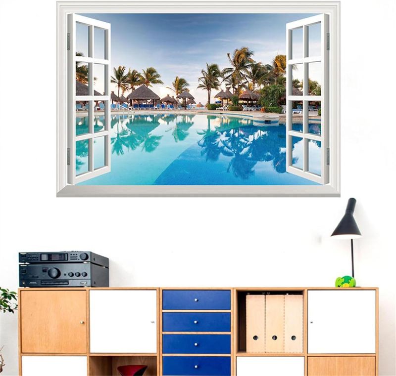 Photo 1 of Beach Island Lake 3D Fake Window Scenery Wall Stickers Living Room Bedroom Corridor Decorative Painting (Swimming Pool)