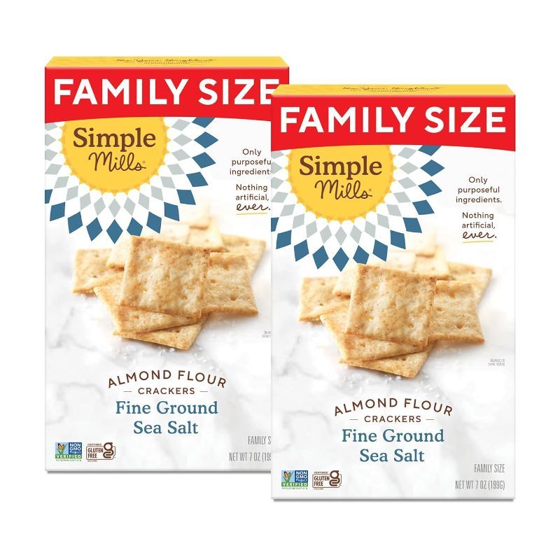 Photo 1 of Simple Mills Almond Flour Crackers, Family Size, Fine Ground Sea Salt - Gluten Free, Vegan, Healthy Snacks, 7 Ounce (Pack of 2) BB 7/22/2024