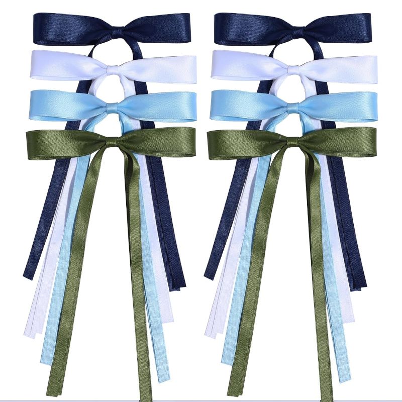 Photo 1 of 2 PACK Satin Hair Bows Clips for Women Girls, Hair Ribbons Bowknot with Long Tail Metal Clips French Hair Barrette Accessories (Navy,White,Blue,Green) 