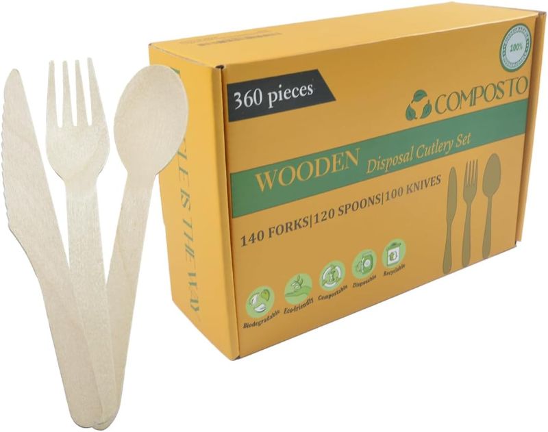 Photo 1 of Composto Disposable Wooden Cutlery Set (360 PCS) - Natural Eco Friendly Party Pack of Birchwood Knives, Forks & Spoons - Lightweight, Durable & Safe Tableware for Home, Office, Picnic & Outdoor Party 