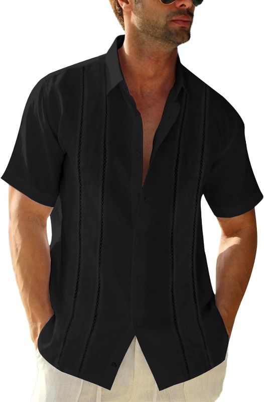 Photo 1 of Mens Short Sleeve Black Guayabera Shirts Linen Cotton Button Down Mexican Cuban Wedding Shirt Summer Beach Tops SIZE MEDIUM