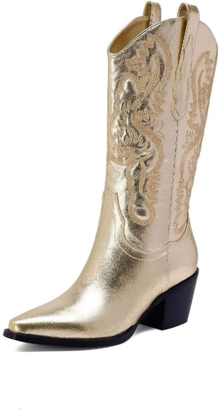 Photo 1 of CATISDRA Women's Vintage Boots Fashion Wild Western Cowboy Boots Pointed Toe Chunky Heel Boots Shiny Embroidered Mid Boots SIZE 8