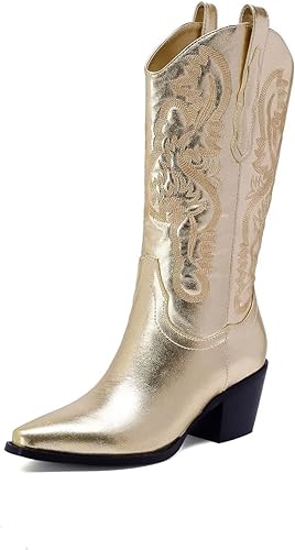 Photo 1 of CATISDRA Women's Vintage Boots Fashion Wild Western Cowboy Boots Pointed Toe Chunky Heel Boots Shiny Embroidered Mid Boots SIZE 8