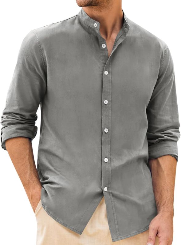 Photo 1 of Runcati Mens Linen Button Down Shirt Long Sleeve Casual Banded Collar Summer Beach Wedding Plain Tops SIZE MEDIUM