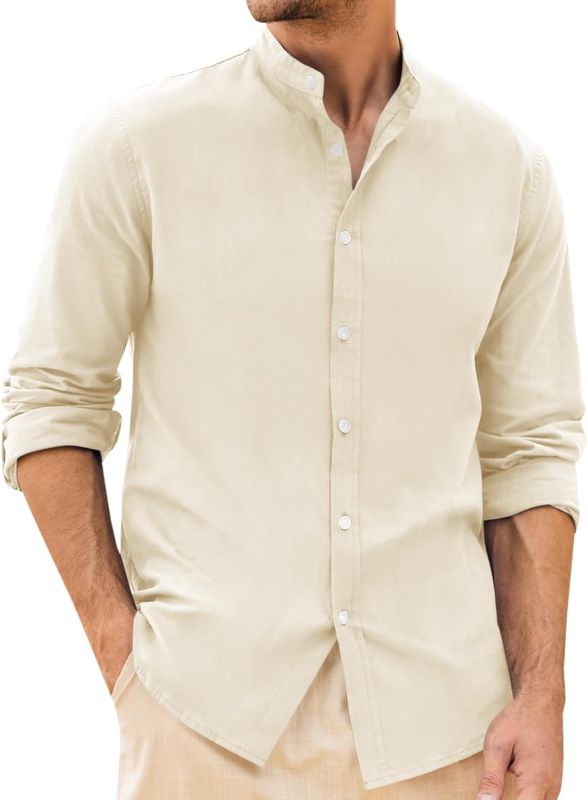 Photo 1 of Runcati Mens Linen Button Down Shirt Long Sleeve Casual Banded Collar Summer Beach Wedding Plain Tops SIZE MEDIUM
