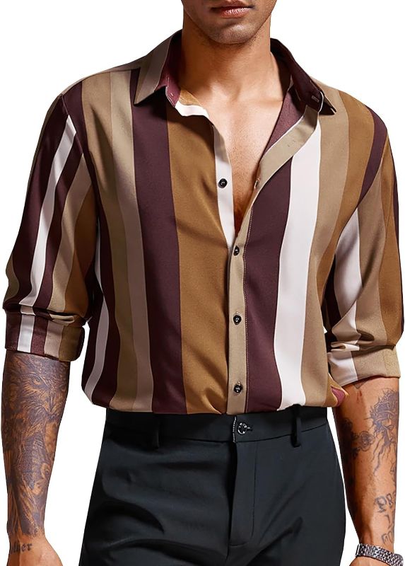 Photo 1 of Runcati Mens Long Sleeve Dress Shirts Button Down Casual Work Contrast Stripe Reguar Fit Shirt SIZE LARGE
