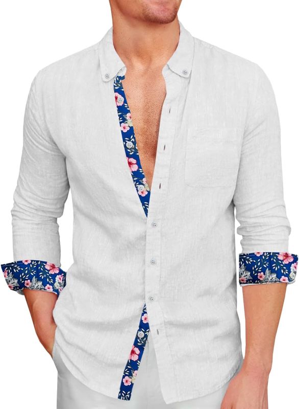 Photo 1 of Runcati Mens Linen Button Down Shirts Long Sleeve Beach Floral Print Summer Casual Shirts Medium WHITE
