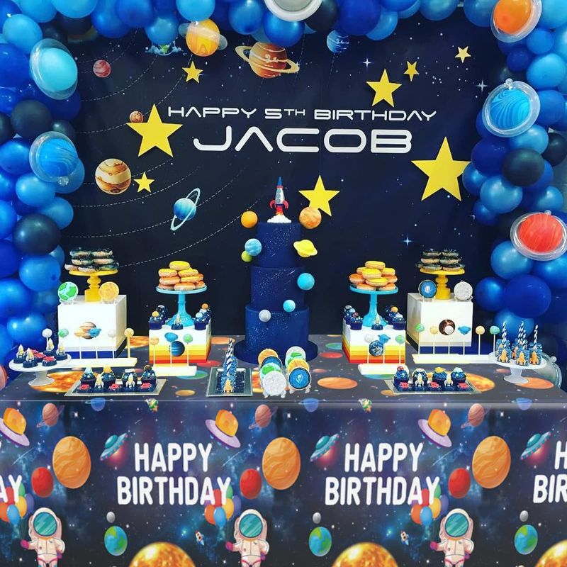 Photo 1 of Astronaut Tablecloths for Birthday Party Decoration Plastic Outer Space Table Covers Rectangle Galaxy Planet Table Cloths Disposable Kids Baby Shower Party Decor Supplies, 54 x 108 Inch, 3pcs
