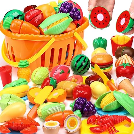 Photo 2 of 88PCS Cutting Play Food Sets for Kids, Pretend Play Kitchen Toys Accessories with Storage Basket, Plastic Fruits & Vegetables, Educational Toy for Toddlers Girls Boys Birthday Gifts
