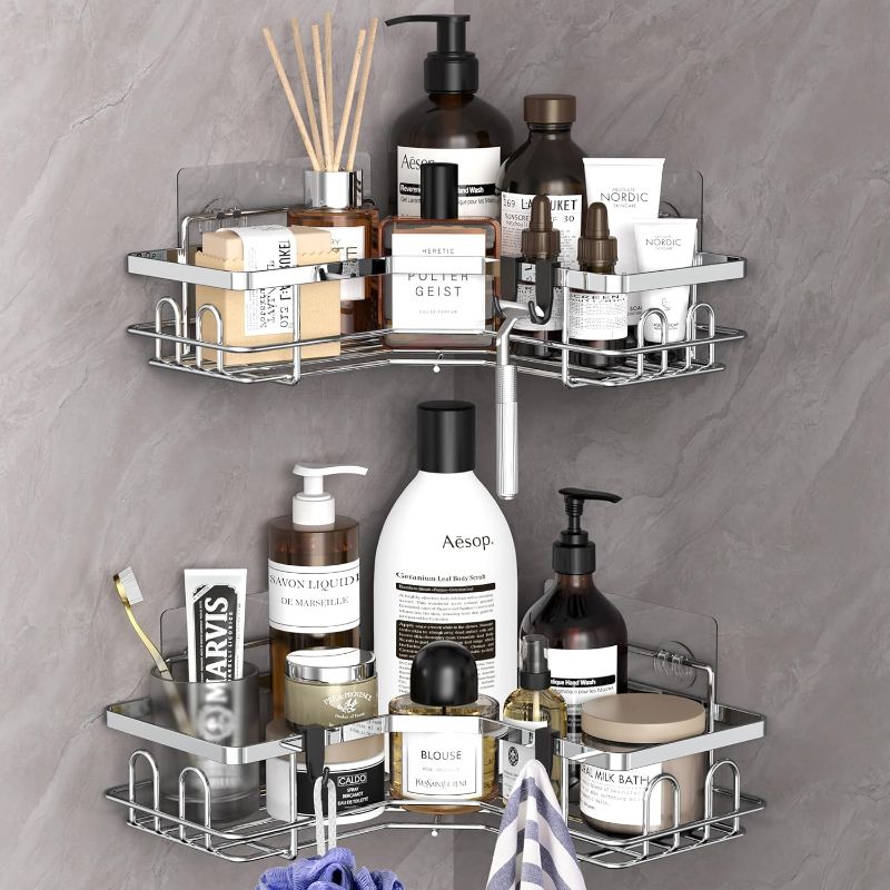 Photo 1 of 2 Pack Corner Shower Caddy Organizer Shelf with Hooks, Silver Bathroom Shelves Storage Organization
