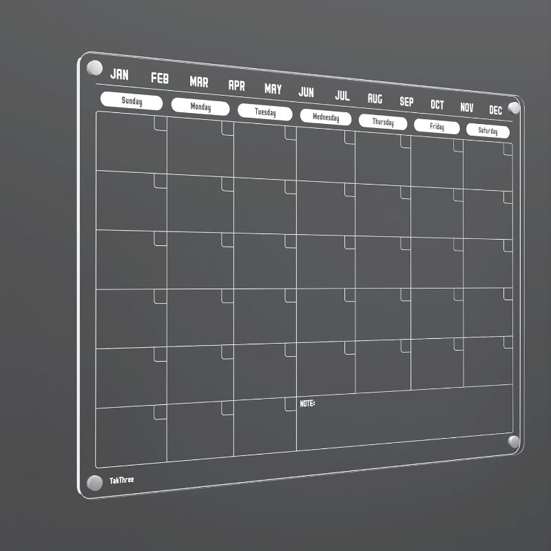 Photo 1 of Magnetic Fridge Calendar, Clear Acrylic Magnetic Calendar for Fridge, 16"x12" Reusable Dry Erase Calendar, Equipped with 6 Colored Dry Erase Marker Pens and a Magnetic Pen Holder
