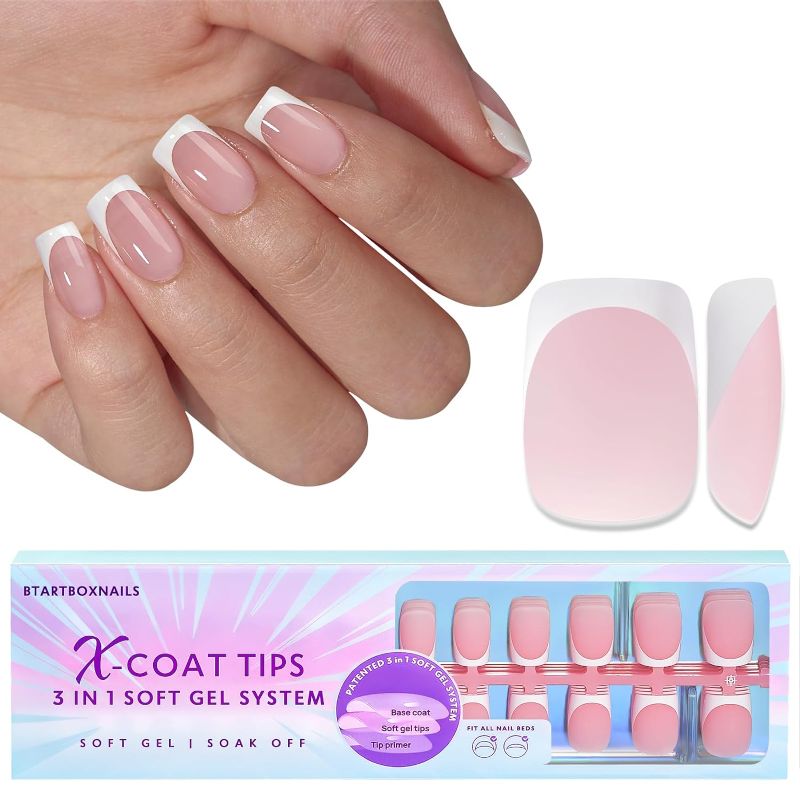 Photo 1 of BTArtboxnails XCOATTIPS French Tip Nails - Short Press On Nails, 160Pcs Pink Square Soft Gel Nail Tips Pre-applied Tip Primer & Base Coat, No Need File False Nails for Nail Art DIY,16 Sizes
