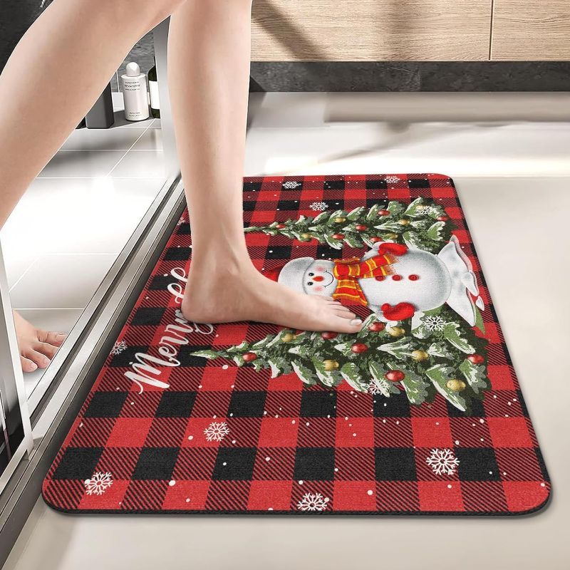 Photo 1 of Christmas Bath Mat for Bathroom, Snowman Quick Dry and Super Absorbent Bath Mat Rugs, Red Buffalo Plaid Non Slip Rubber Backing Floor Mat 17x30 Inches for Kitchen Bedroom Indoor
