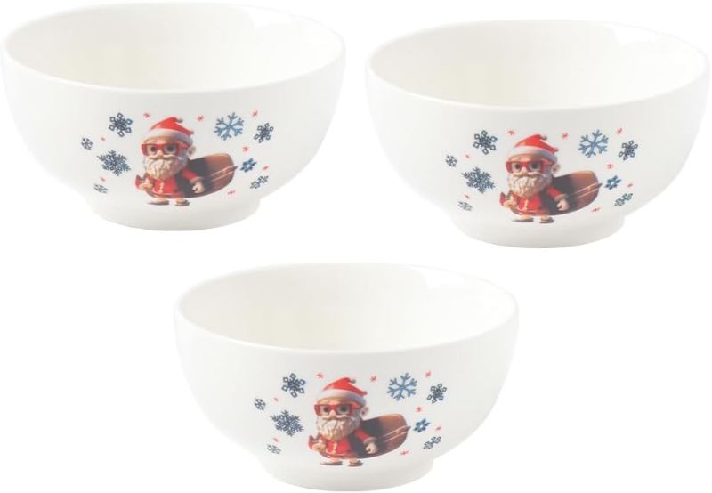 Photo 1 of Christmas Dessert Bowls Set, Cute Santa Claus with a Surfboard Design, 5 inch Ceramic Bowl Party Soup Candy Cake Cooke Salad Serving White Round Porcelain Dinnerware (Rice Bowls)
