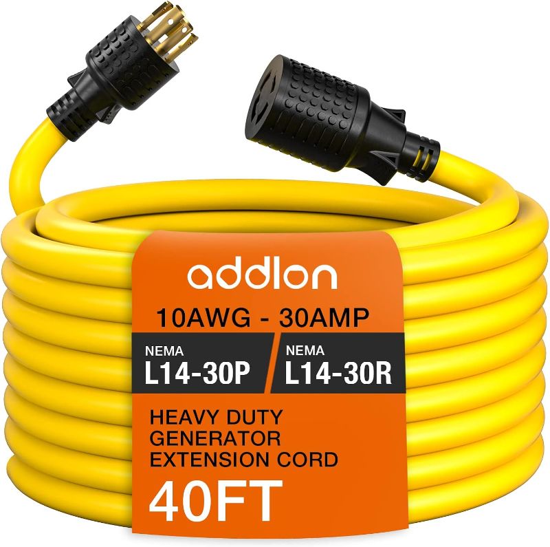 Photo 1 of addlon 30 Amp Generator Cord 4 Prong 40FT, NEMA L14-30P/L14-30R, 125/250 Volt 7500 Watts, 10 Gauge SJTW Locking Power Extension Cord for Manual Transfer Switch, Yellow, ETL Listed
