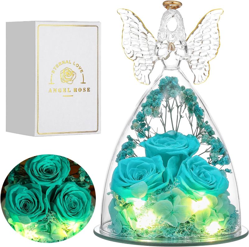 Photo 1 of Tiaronics Mothers Day Rose Gifts for Her, Glass Angel Figurine with Three Roses Gifts, Preserved Forever Real Rose Gifts for Women, Angel Guardian with Rose for Valentine Day Mothers Day - Tifny Blue
