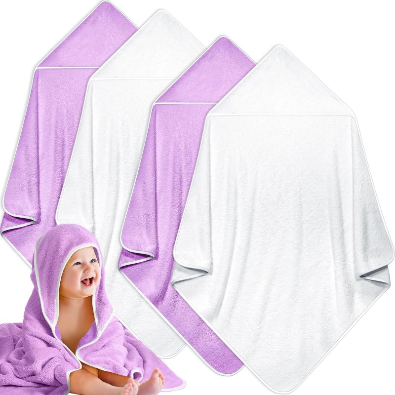 Photo 1 of Reginary 4 Pack Baby Hooded Towels Coral Fleece Baby Bath Towels 30 x 30 Inch Soft Absorbent Hooded Bath Blanket for Newborn Toddler Infant Boy Girl Shower Gift Supplies (Beige, Purple)
