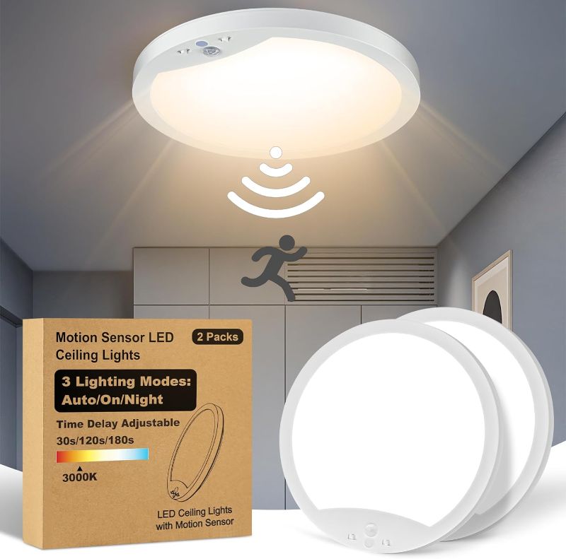 Photo 1 of 2-Pack Motion Sensor Ceiling Lights Hard-Wired, 9Inch Indoor Motion Activated LED Ceiling Light Fixtures with 3 Modes, Flush Mount Lights for Closet Stairwell Hallway, NOT Battery Operated, 3000K
