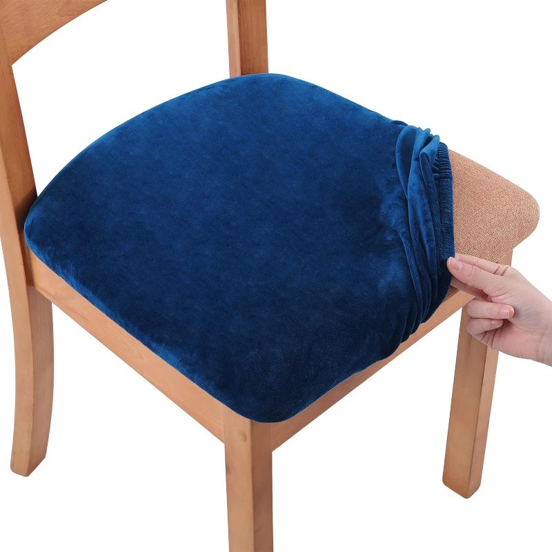 Photo 1 of smiry Original Velvet Dining Chair Seat Covers, Stretch Fitted Dining Room Upholstered Chair Seat Cushion Cover, Removable Washable Furniture Protector Slipcovers with Ties - Set of 2, Federal Blue

