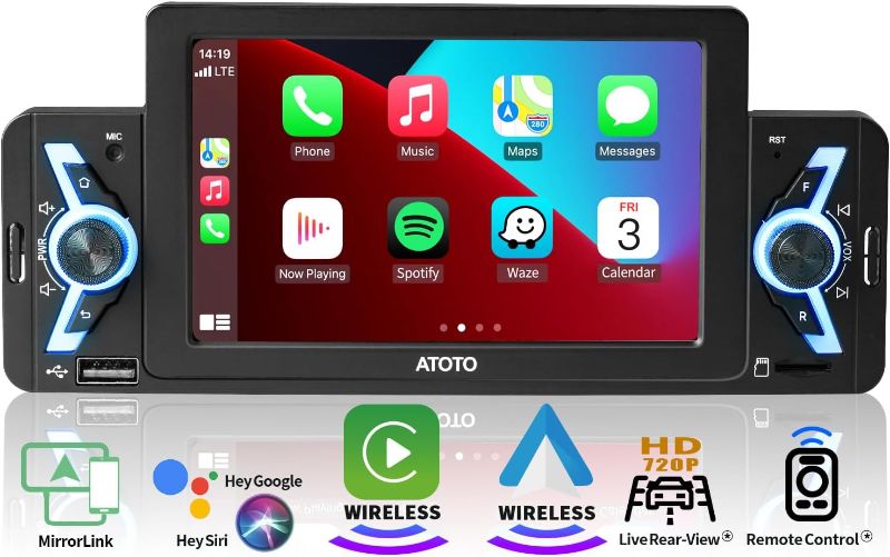 Photo 1 of ATOTO F7WE 5inch Single Din Car Stereo, Wireless Carplay & Wireless Android Auto, Mirror Link, Touchscreen Car Radio with Bluetooth, Live Rear View, USB Video & Audio, F7G1A5WE
