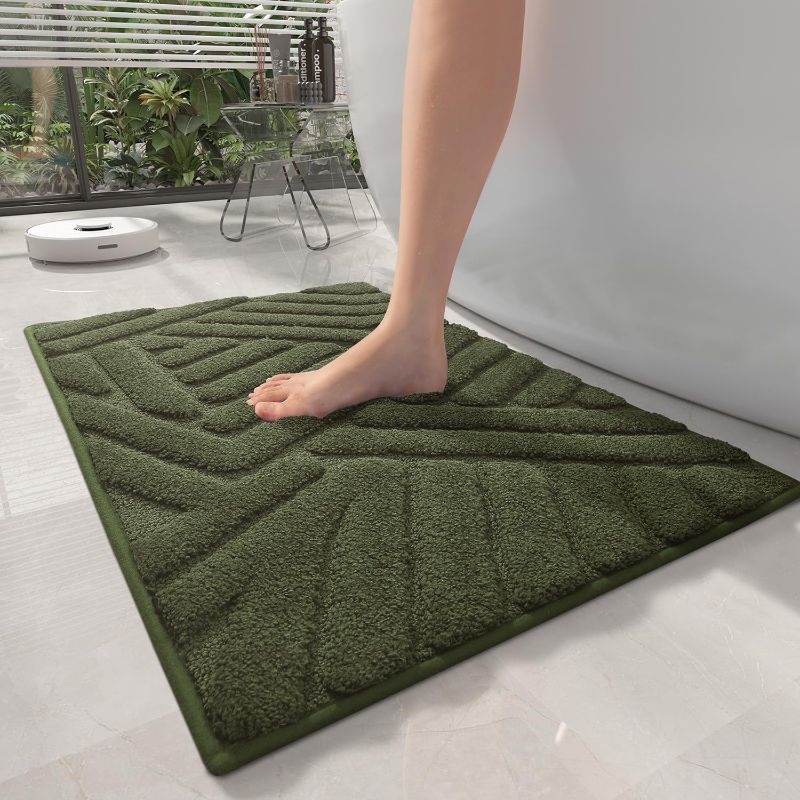 Photo 1 of Color&Geometry Green Bathroom Rugs- Non Slip, Absorbent, Thick, Soft, Washable Bath Mat, 16"x24" Small Bath Rug Bath Mats for Bathroom Floor, Shower, Sink, Vanity 16"x24" Olive Green
