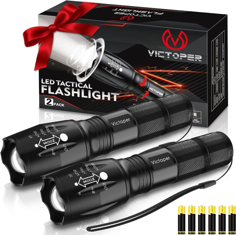 Photo 1 of Victoper LED Flashlight 2 Pack, Bright 2000 Lumens Tactical Flashlights High Lumens with 5 Modes, Waterproof Focus Zoomable Flash Light for Outdoor, Gifts for Birthday for Men Women Adults

