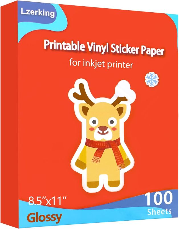 Photo 1 of Lzerking Printable Vinyl Glossy Sticker Paper for Inkjet Printer 100 Sheets White Waterproof Self-Adhesive Sheets 8.5x11 Inches