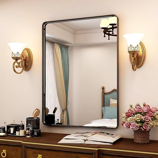 Photo 1 of FRALIMK Bathroom Mirror 27x35 Inch Vanity Mirror with Black Metal Frame Rectangle Wall Mirrors for Bedroom, Modern Decorative