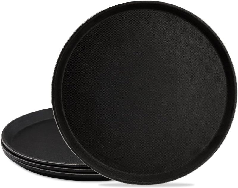 Photo 1 of TOPZEA 4 Pack Plastic Server Tray, 14 Inch Round Serving Tray Restaurant Serving Tray Non-Slip Bar Tray Cafeteria Tray for Eating, Cafe Tray for Coffee Table, Black, with Non-Skid Rubber Lined