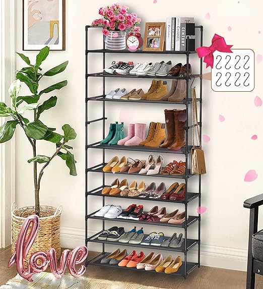 Photo 1 of AOSION 10 Tier Shoe Rack,Shoe Rack for Closet,30-50 Pairs Tall Shoe Rack Organizer with Hooks,Large Shoe Rack with Removable,Space Saving Shoe Shelf,Non-Woven Fabric Shoe Tower,Black
