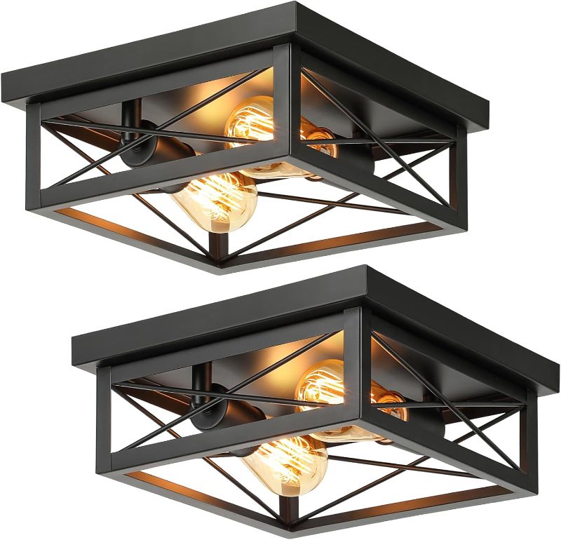 Photo 1 of Kondras 2-Light Industrial Square Flush Mount Ceiling Light, Farmhouse Ceiling Light Fixture for Kitchen, Modern Black Close to Ceiling Light for Hallway Bedroom Balcony Porch Stairway, E26, 2-Pack
