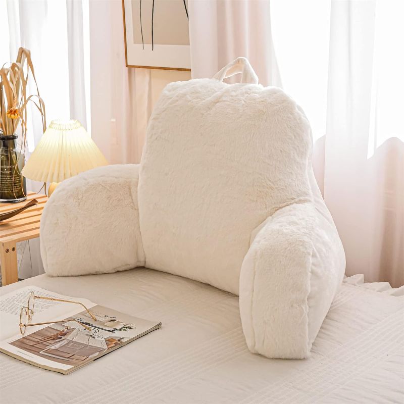 Photo 1 of A Nice Night Faux Fur Reading Pillow Bed Wedge Large Adult Children Backrest with Arms Back Support for Sitting Up in Bed/Couch for Bedrest,Ivory
