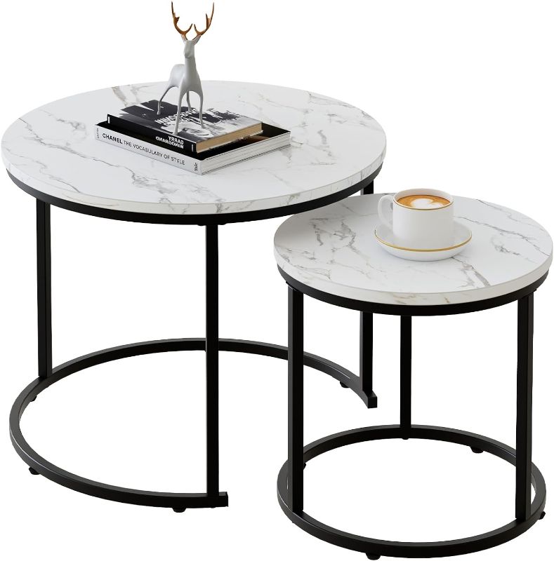 Photo 1 of aboxoo Round Nesting Coffee Table Side Table Set of 2 End Tables for Living Room Bedroom Balcony,White Faux Marble Wooden Table 31IN Accent Large Coffee Table with Black Steel Frame
